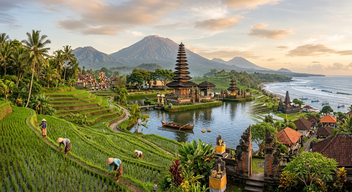 Illustrative Bali landscape with rice fields, temples and the coast
